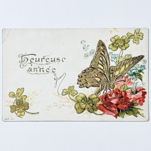 vintage postcard （rose & butterfly）