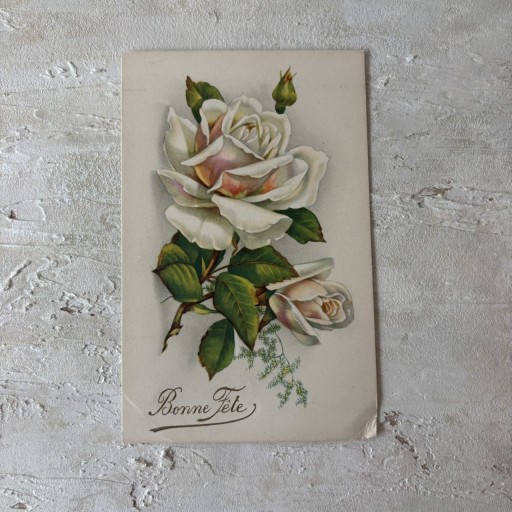 白薔薇 Bonne Fête エンボス加工｜フランスアンティークポストカード