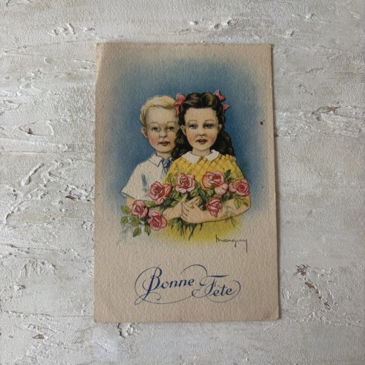 Bonne Fête ちょっと不思議な少女と少年と薔薇|フランスアンティークポストカード